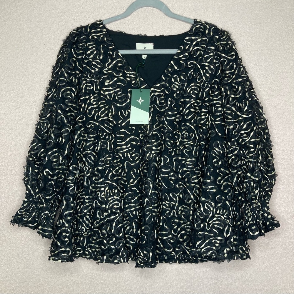 NEW Tuckernuck Long Sleeve Flowy Blouse Women’s L Black/Gold Feminine Designer - Picture 5 of 12